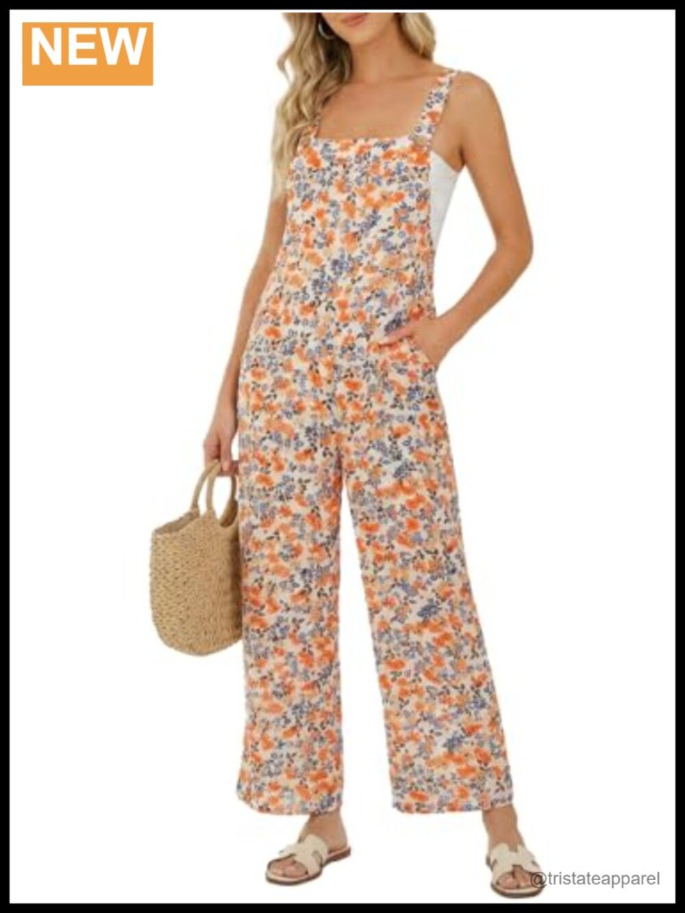 Cotton Floral Wide Leg Jumpsuit Sleeveless Square Neck Overalls